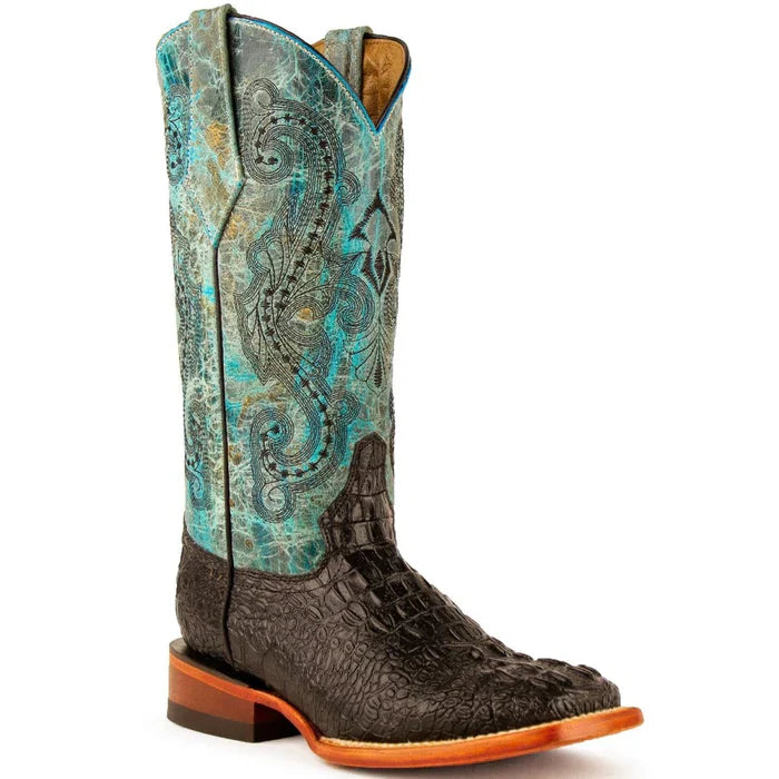 Ferrini Women's Stampede Square Toe Boots Crocodile Print - Black/Teal 9039350 - 6