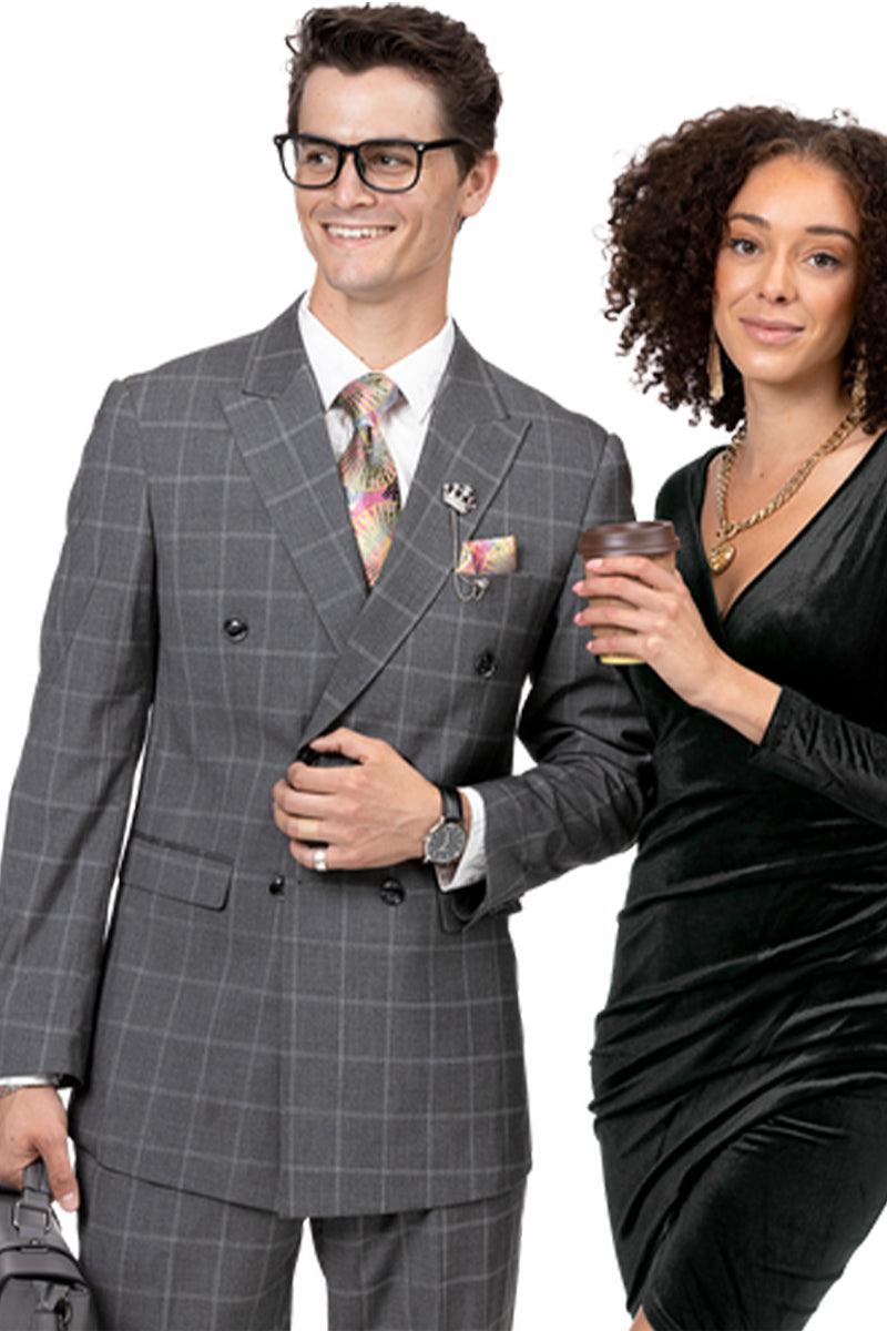 final: EJ Samuel Charcoal Grey Windowpane Plaid Double Breasted Pleated Pantsuit - Charcoal