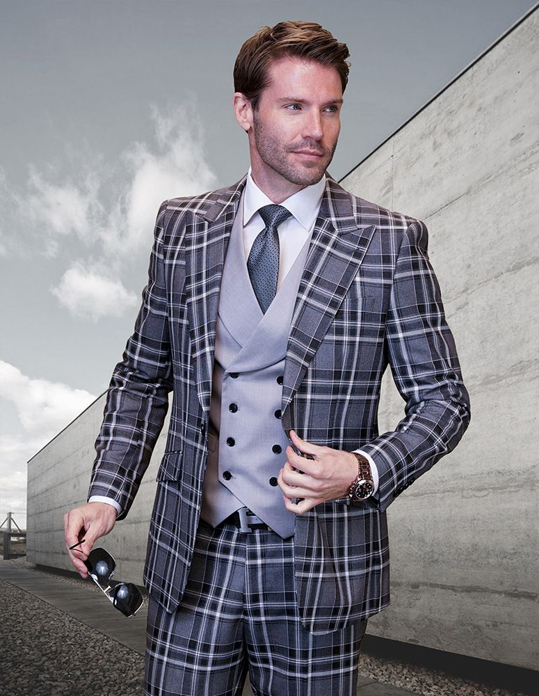 Plaid Wool 3 Piece Suit for Men Wool Color Contrast Styling - 38 Short Jacket+32 Waist Adjustable 28to34)(Height: 5 4 to5 7 )(Neck  15-16.5)S-M)