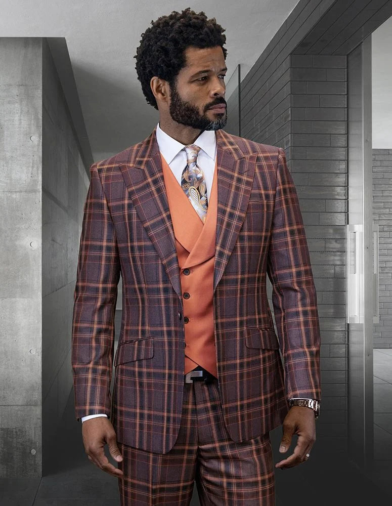 Plaid Wool 3 Piece Suit for Men Wool Color Contrast Styling