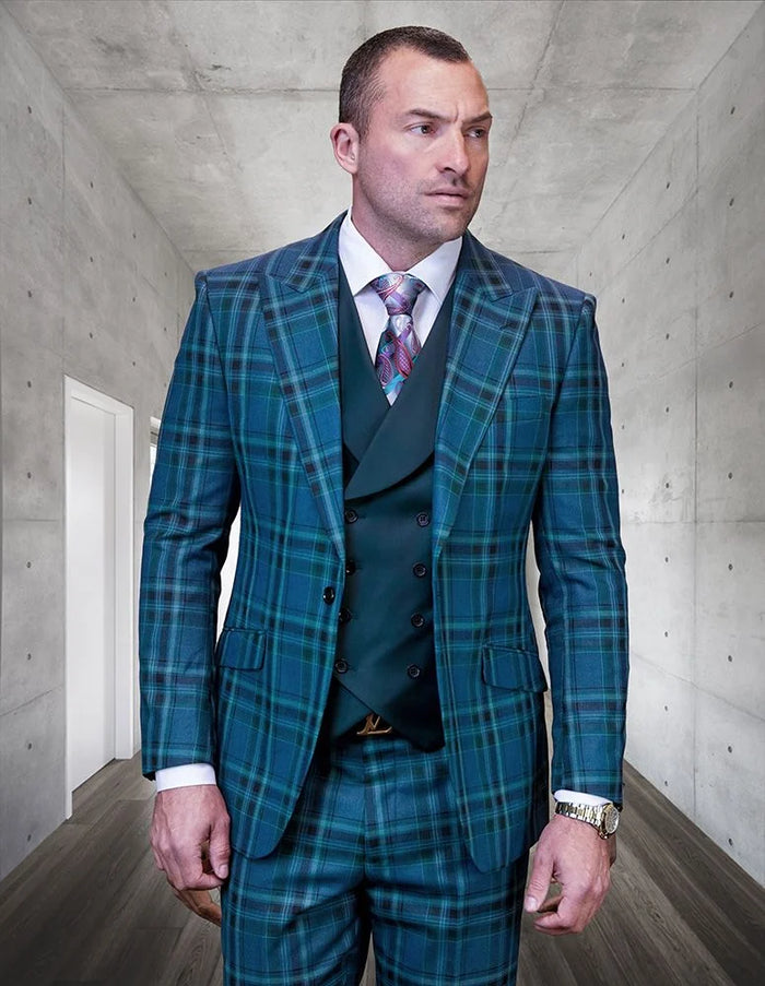 Plaid Wool 3 Piece Suit for Men Wool Color Contrast Styling
