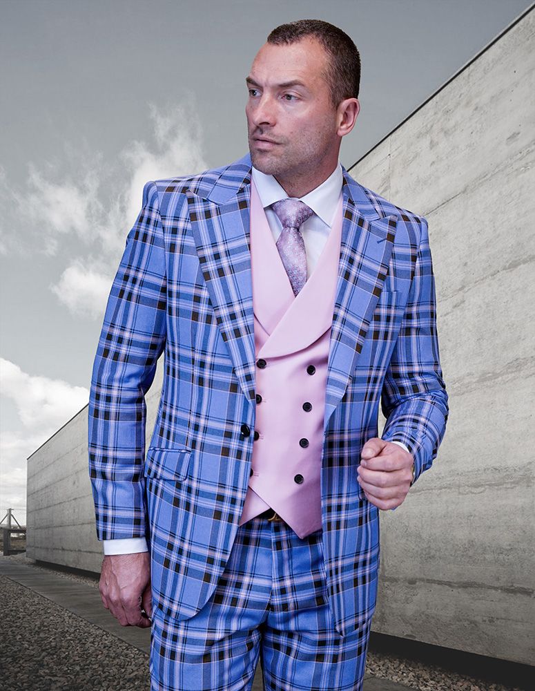 Plaid Wool 3 Piece Suit for Men Wool Color Contrast Styling - 38 Short Jacket+32 Waist Adjustable 28to34)(Height: 5 4 to5 7 )(Neck  15-16.5)S-M)