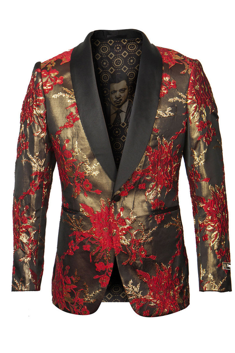 "Paisley Prom Tuxedo Jacket - Men's Shiny Satin in Red & Gold"