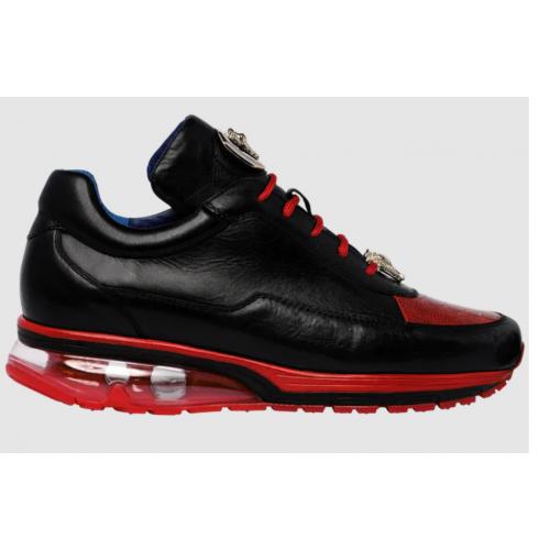 Belvedere  Flash Men's Shoes Black & Red Exotic Ostrich / Calf-skin Leather Casual Sneakers - 6