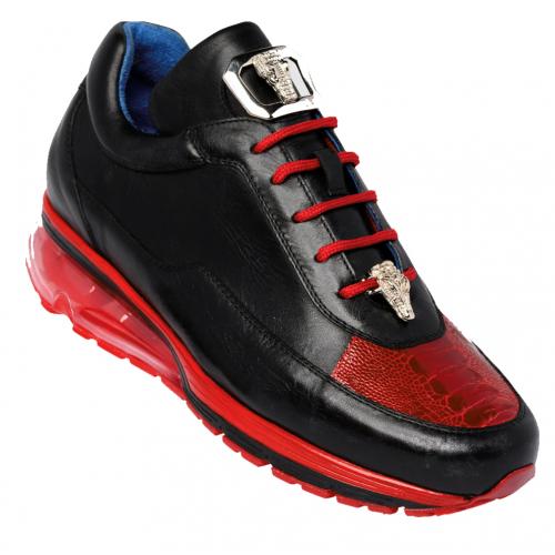 Belvedere  Flash Men's Shoes Black & Red Exotic Ostrich / Calf-skin Leather Casual Sneakers - 6