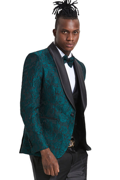 Hunter Green Men's Slim Fit Paisley Floral Prom 2026 Tuxedo with One Button Vest