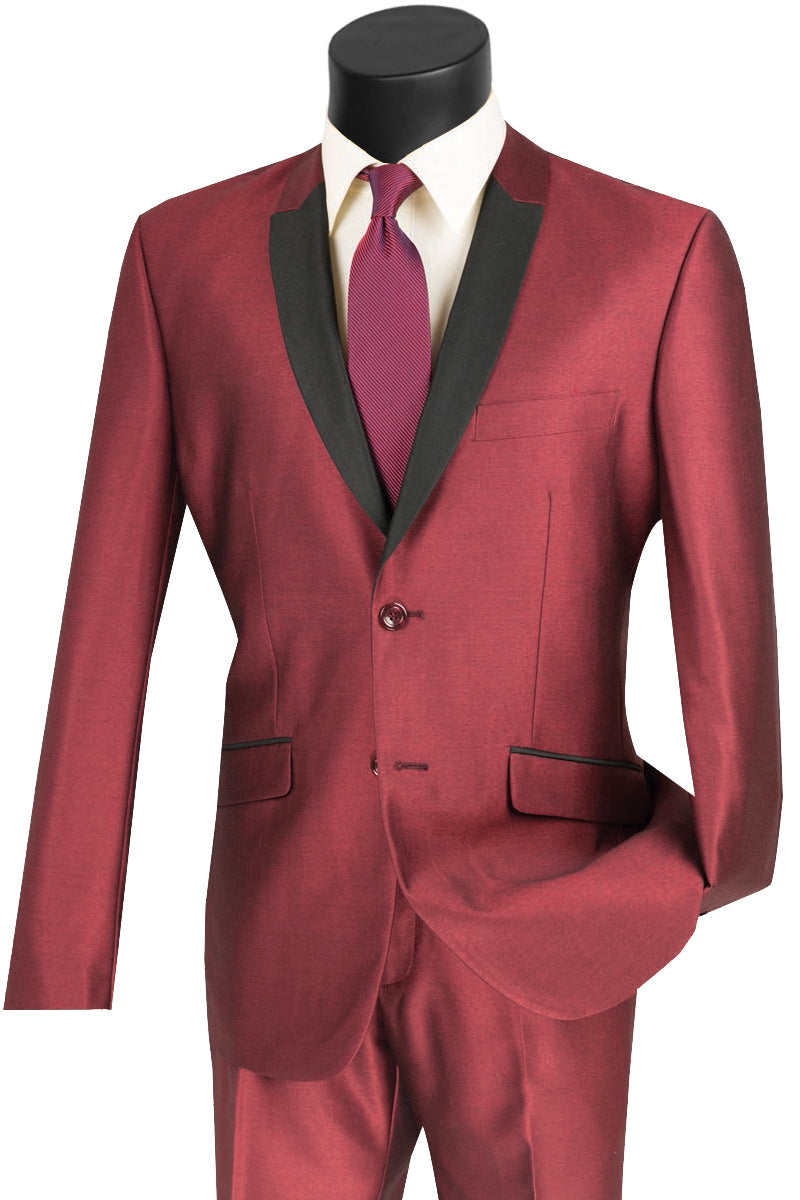 Mens 2 Buttton Slim Contrast Peak Lapel Tuxedo in Burgundy - 36 Short