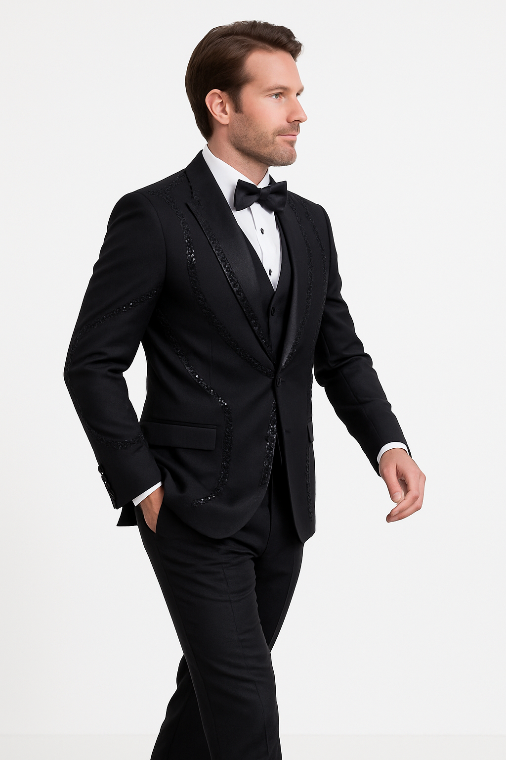 Black Italian Wool 3-Piece Modern Fit Tuxedo - 34 Short or Extra Small
