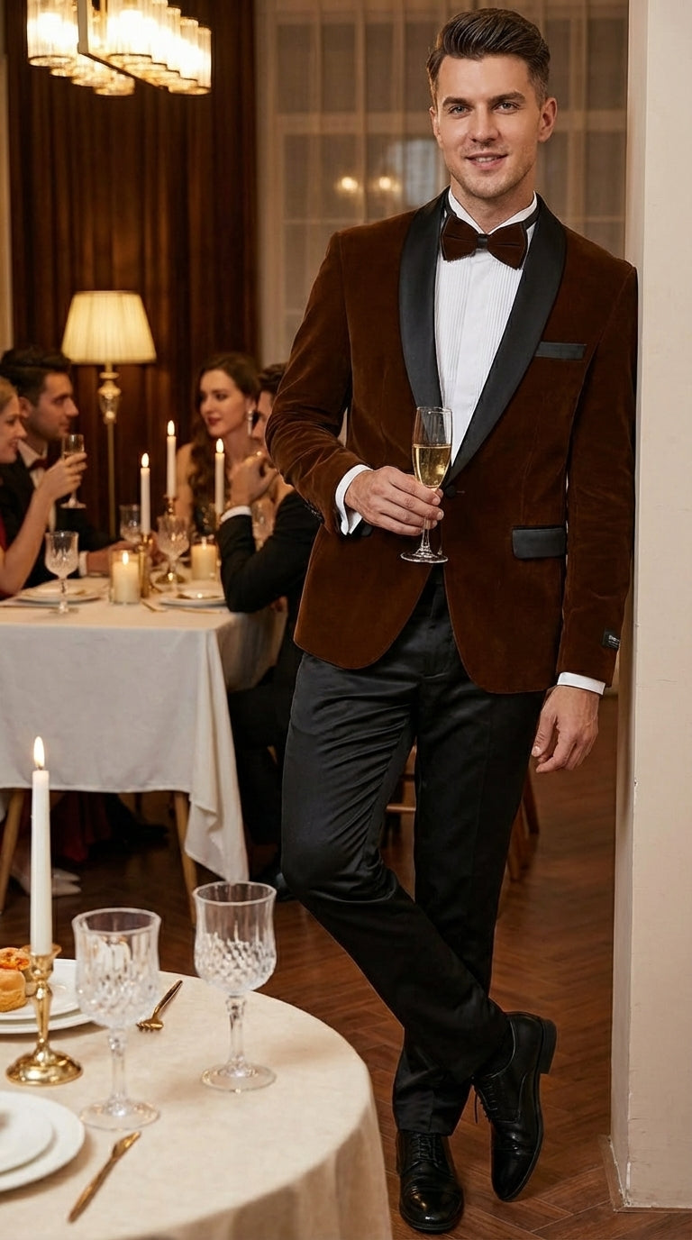 Mens Brown Velvet Tuxedo Jacket – Luxury Black Lapel Velvet Blazer for Wedding, Prom and Formal Events - 34 Short or Extra Small