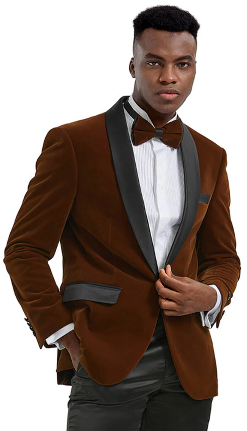 Mens Brown Velvet Tuxedo Jacket – Luxury Black Lapel Velvet Blazer for Wedding, Prom and Formal Events - 34 Short or Extra Small