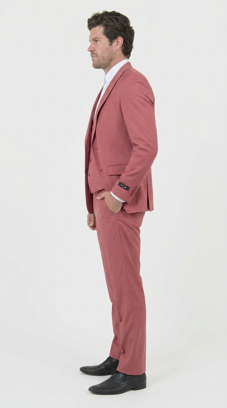 Mens Dusty Rose Three Piece Suit – Modern Formal 3PC Wedding and Prom Suit - Pink Coloe Modern Fit - 34 Short or Extra Small