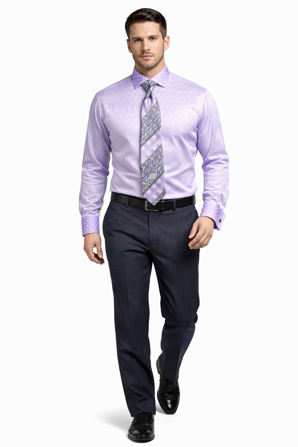 Polka Dot French Cuffed Matching Shirt & Tie Combo Lavender Set Men's Dress Shirt - Large 16.5" Neck / 36-37" Sleeve