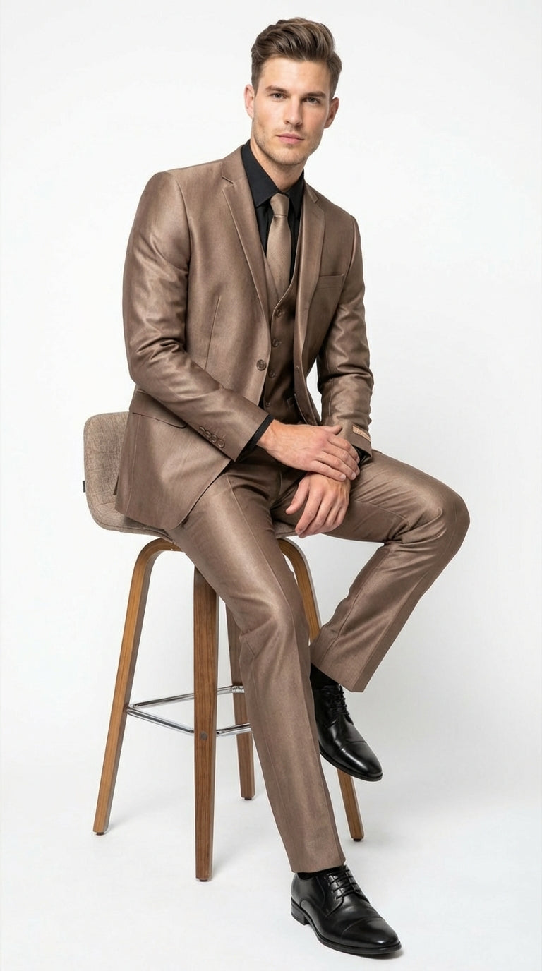 Mens Bronze Brown Mocco 3 Piece Suit Modern Formal Suit Set for Wedding, Prom and Business Events Light Brown Coffee Dark Tan - 34 Short or Extra Small