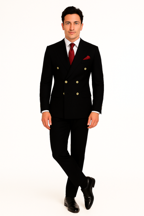Mens Classic Wool Double Breasted Suit in Black