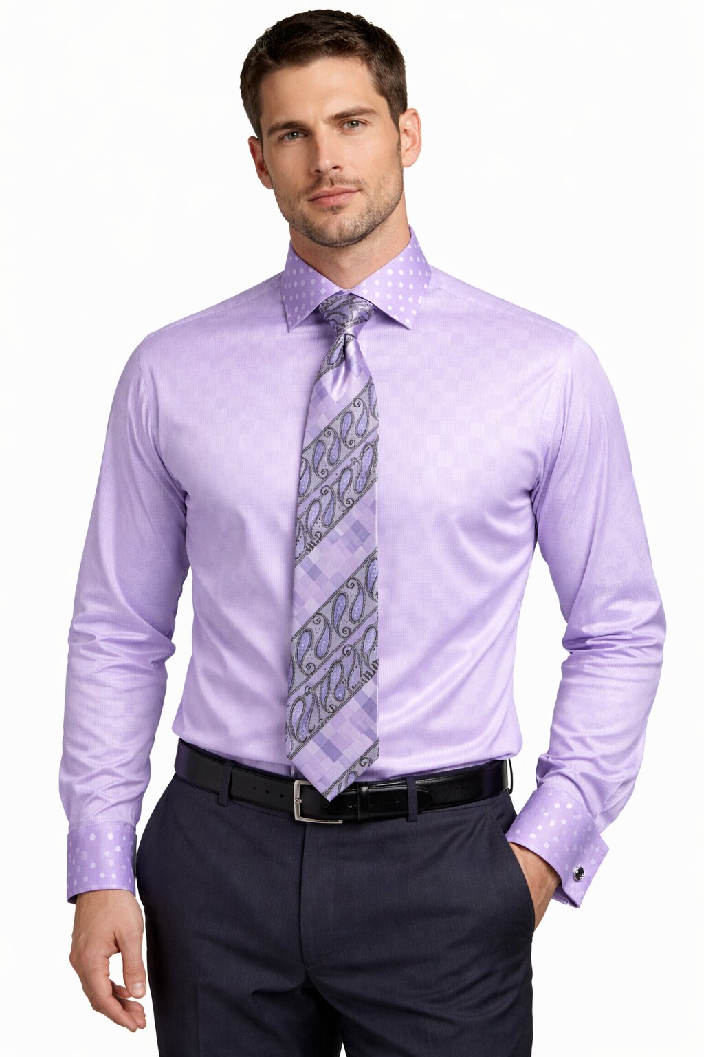 Polka Dot French Cuffed Matching Shirt & Tie Combo Lavender Set Men's Dress Shirt - Large 16.5" Neck / 36-37" Sleeve