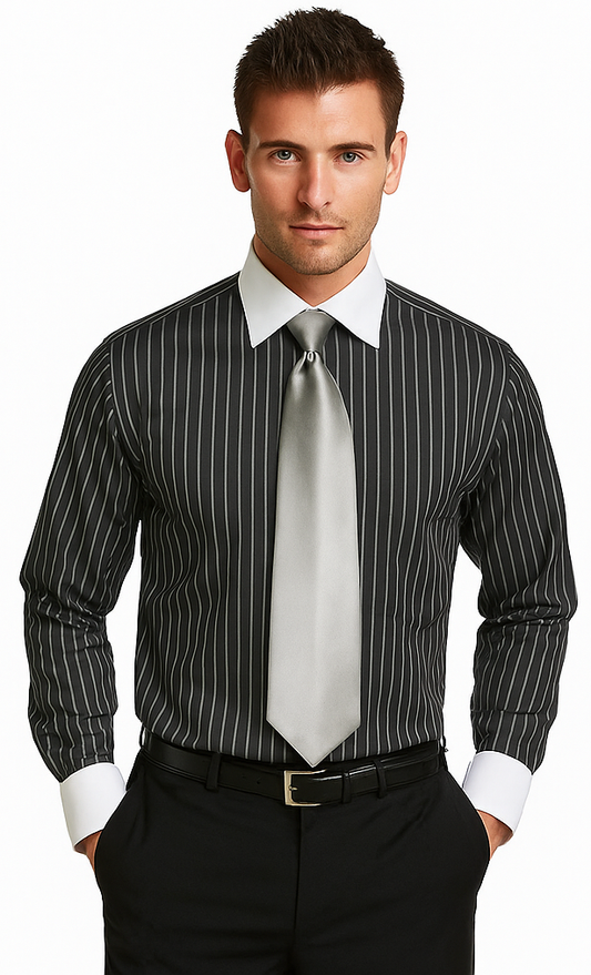 French Cuff Stylish Striped Formal Spread Collar Set Style White Collar Two Toned Contrast Multi-Color Men's Dress Shirt-New Designer Collection