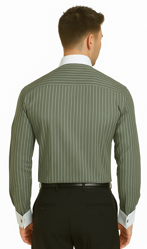 French Cuff Stylish Striped Formal Spread Collar Set Style White Collar Two Toned Contrast Multi-Color Men's Dress Shirt-New Designer Collection
