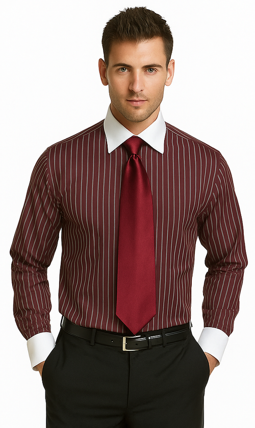 French Cuff Stylish Striped Formal Spread Collar Set Style White Collar Two Toned Contrast Multi-Color Men's Dress Shirt-New Designer Collection