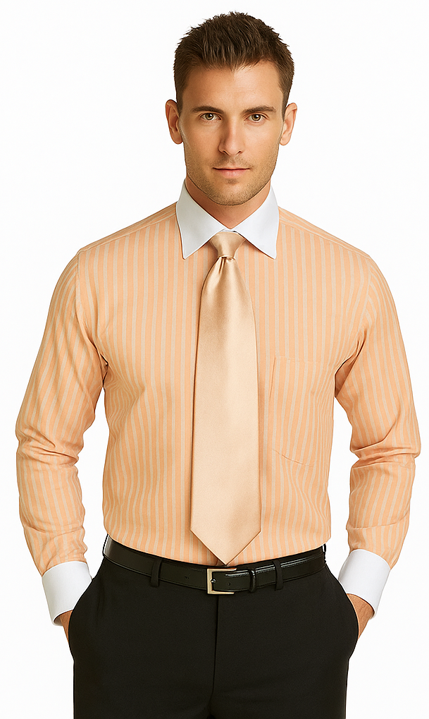 French Cuff Stylish Striped Formal Spread Collar Set Style White Collar Two Toned Contrast Multi-Color Men's Dress Shirt-New Designer Collection - 15.5" Neck / 34–35" Sleeve