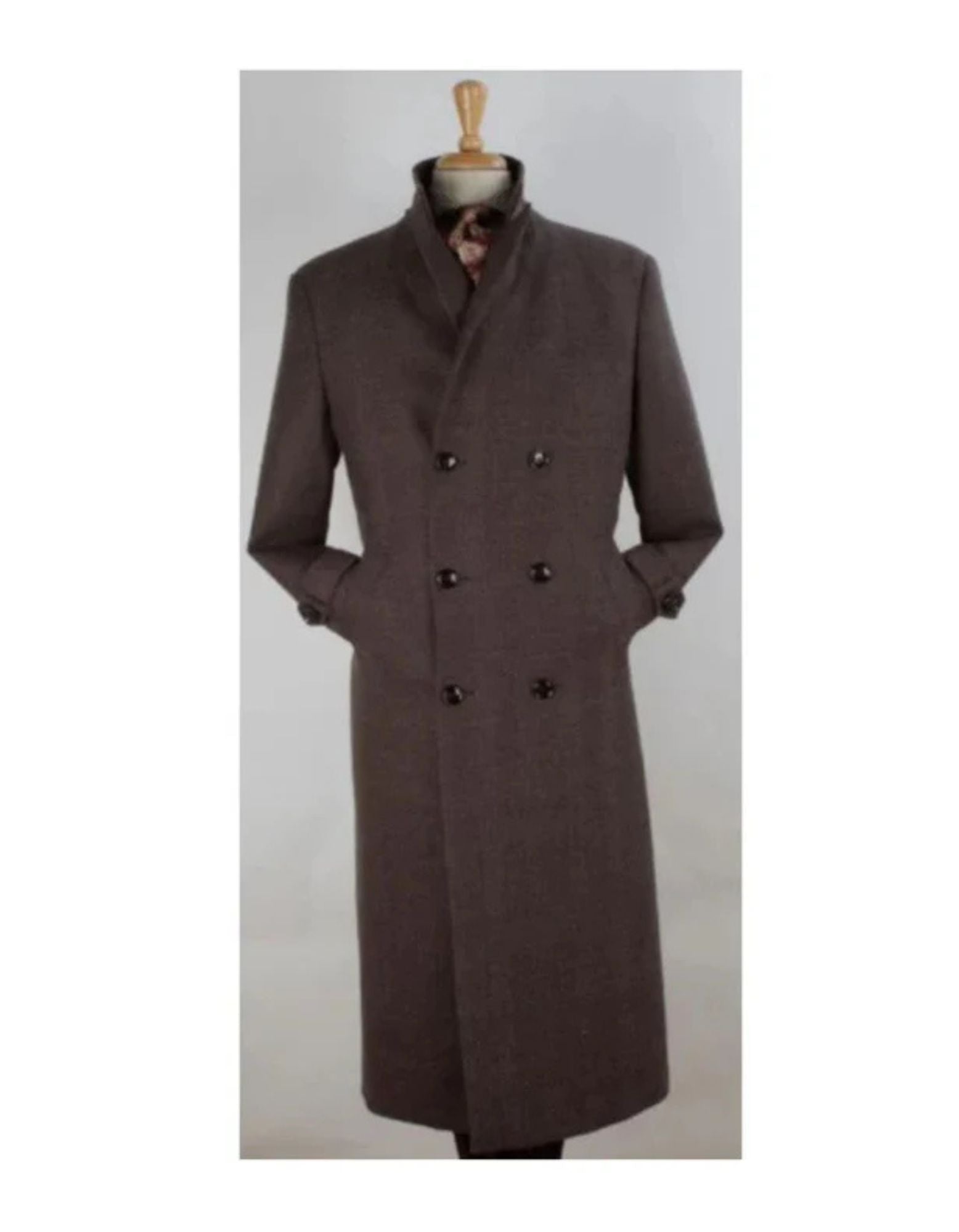 Mens Brown Full Length Wool Overcoat-Herringbone Topcoat - Coat Size 38