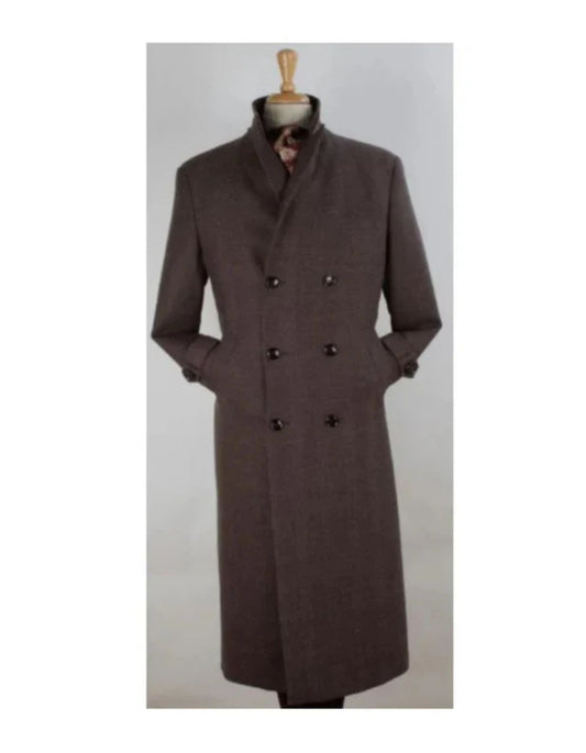 Mens Brown Full Length Wool Overcoat-Herringbone Topcoat