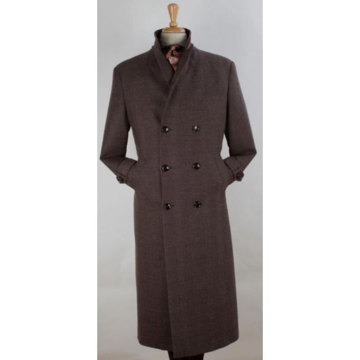 Mens Brown Full Length Wool Overcoat-Herringbone Topcoat