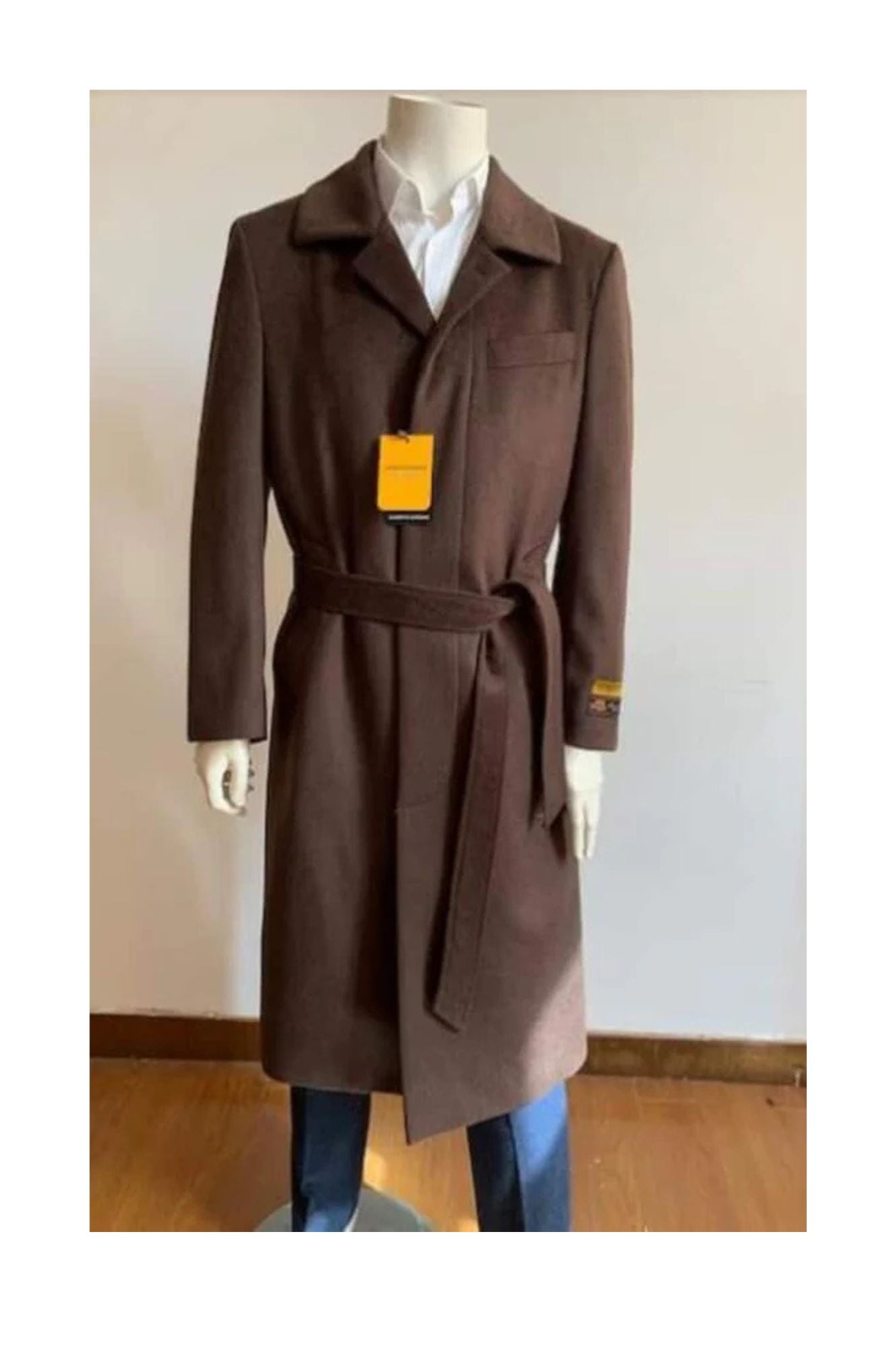 Full Length Overcoat - Wool Belted Topcoat Dark Brown - Coat Size 38