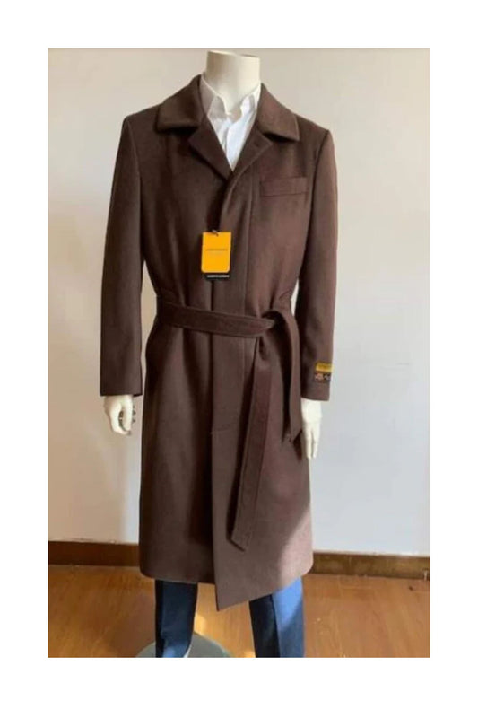 Full Length Overcoat - Wool Belted Topcoat Dark Brown