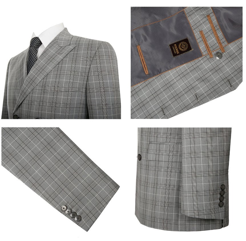 Mens 2-Piece Classic Fit Dual Side Vent Double Breasted Peak Lapel Plaid Suit - Coat Size 38
