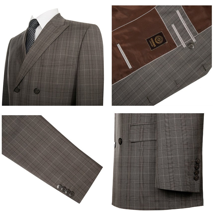 Mens 2-Piece Classic Fit Dual Side Vent Double Breasted Peak Lapel Plaid Suit