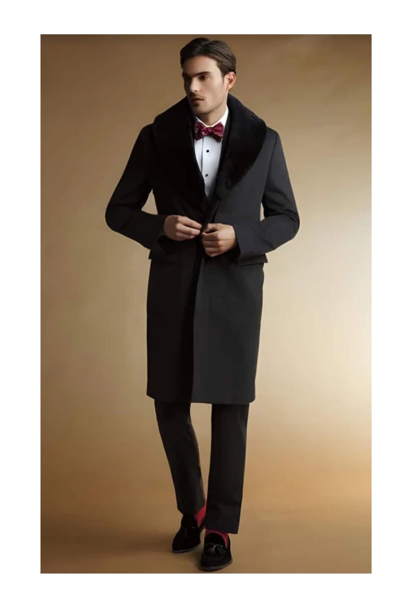 Fur Collars men's Overcoat - Wool Black Peacoat