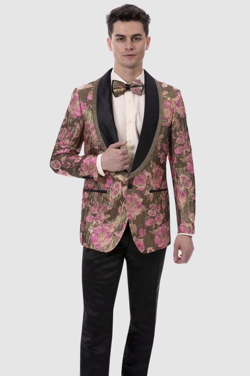 "Fuschia & Gold Floral Paisley Prom Smoking Jacket by EJ Samuel" - Brown