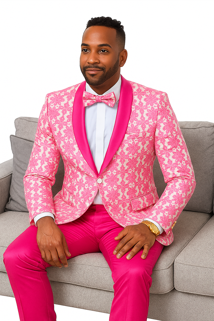 Mens Paisley Prom & Wedding Tuxedo in Hot Pink Fuschia