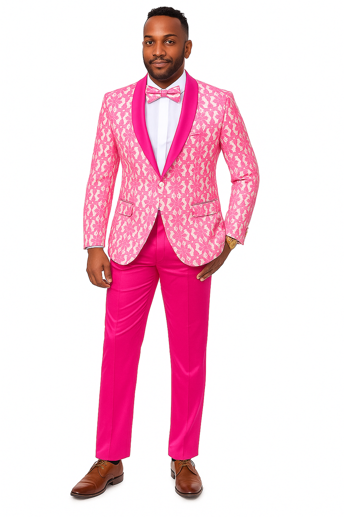 Mens Paisley Prom & Wedding Tuxedo in Hot Pink Fuschia