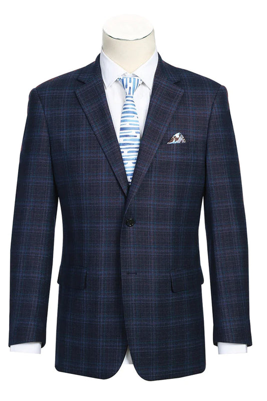 "Classic Fit Wool Stretch Sport Coat - Men's Two Button Blazer in Dark Navy Blue Windowpane Plaid"