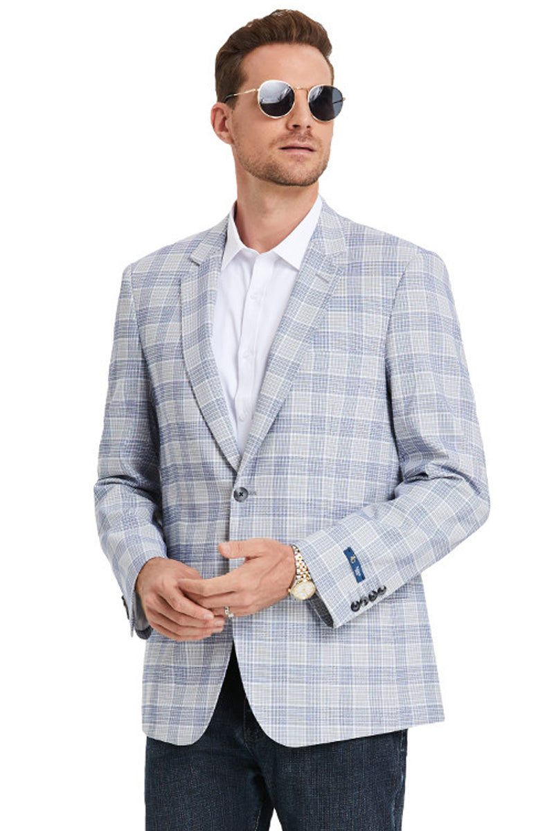 "Glen Plaid Men's Business Casual Sports Coat - Two Button, Grey & Blue"