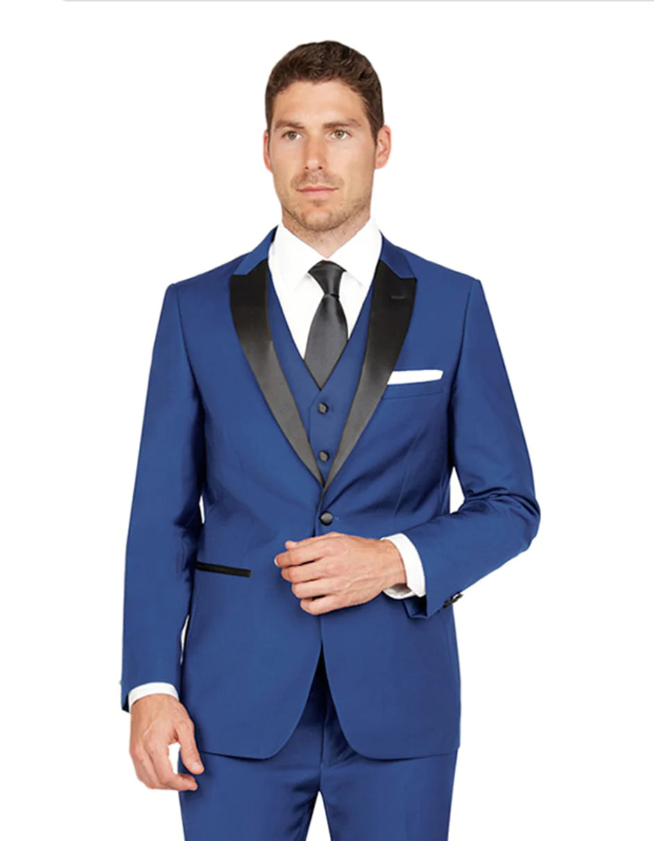 Mens Navy Blue Wedding Tuxedo - Dark Blue Tuxedo Suit"Mens Vested One Button Peak Lapel Tuxedo in Midnight Blue