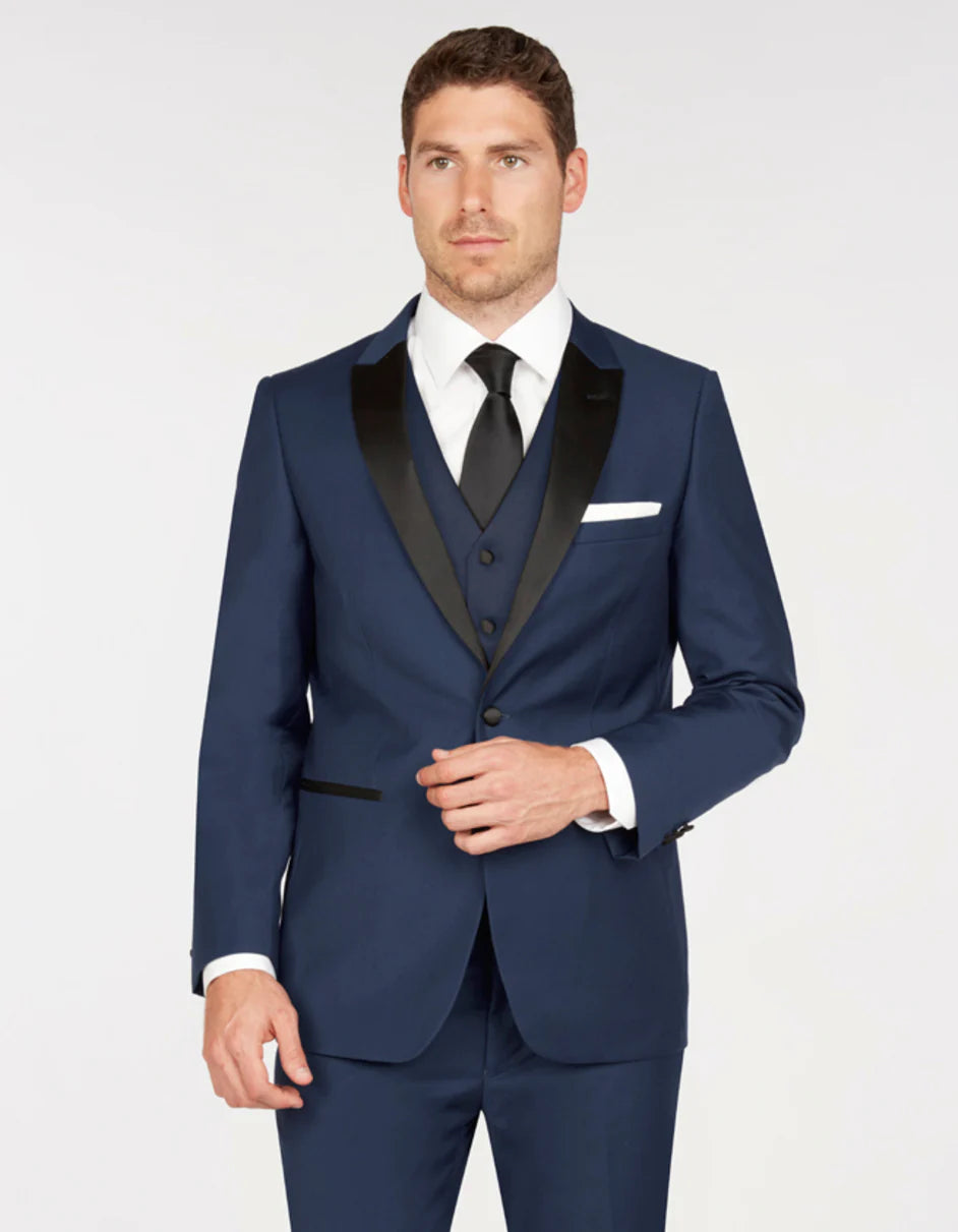 Mens Navy Blue Wedding Tuxedo - Dark Blue Tuxedo Suit" Mens Vested One Button Peak Lapel Tuxedo in Navy Blue