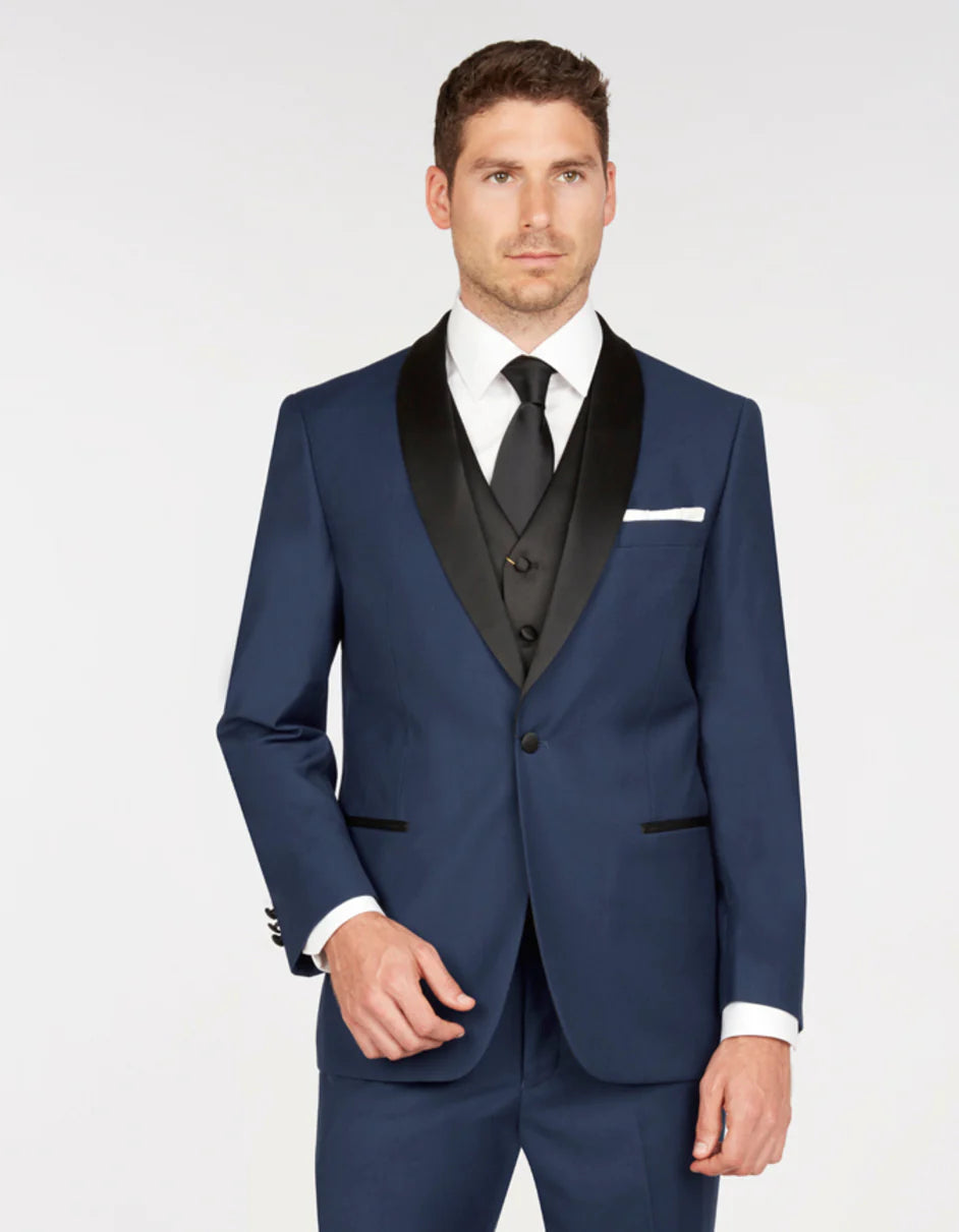 Mens Navy Blue Wedding Tuxedo - Dark Blue Tuxedo Suit"Mens Vested One Button Shawl Lapel Tuxedo in Navy & Black