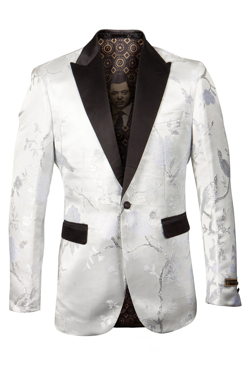 "Floral Satin Print Men's Tuxedo Jacket - White & Silver for Prom & Wedding"