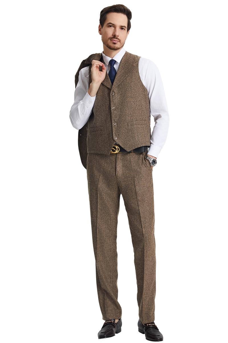 Men's Stacy Adams Vested Vintage Herringbone Tweed Suit in Light Brown - 38 Regular