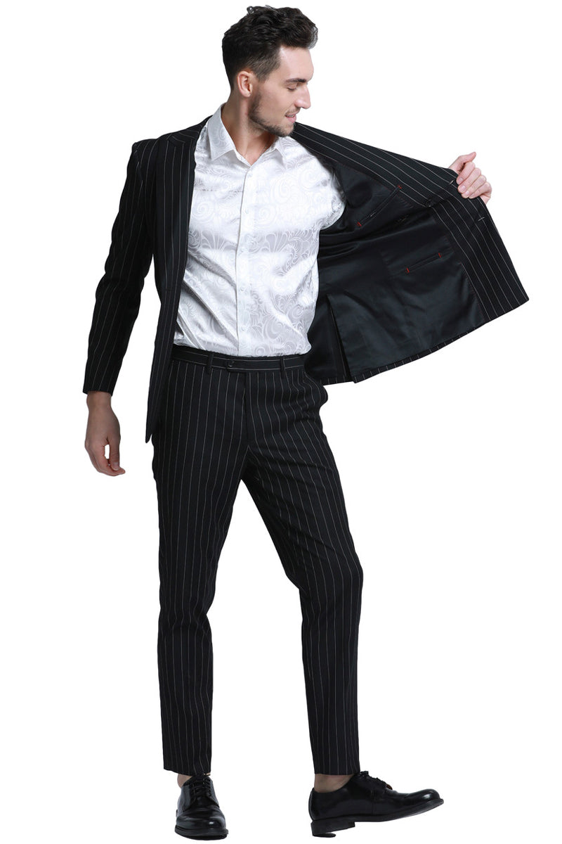 "Men's Slim Fit Pinstripe Suit - Double Breasted Black Gangster Style" - 34 Short