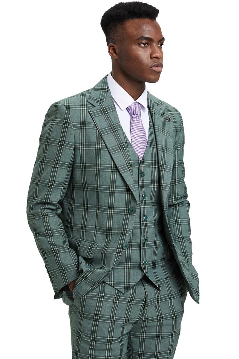 Men's Stacy Adams Two Button Vested Glen Plaid Check Suit in Light Olive Green - 38 Regular