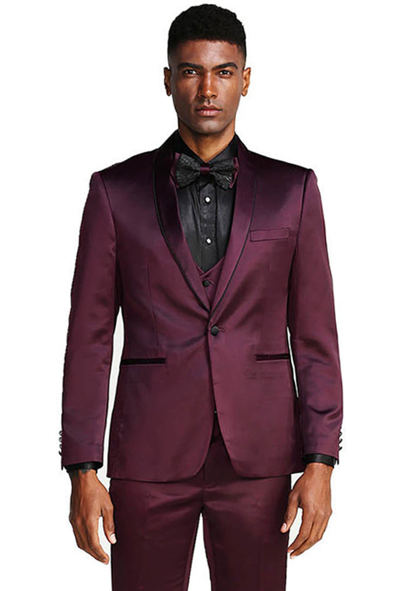 "Burgundy Men's Slim Fit Vested Satin Tuxedo Suit for Prom 2025 & Wedding" - 34 Short