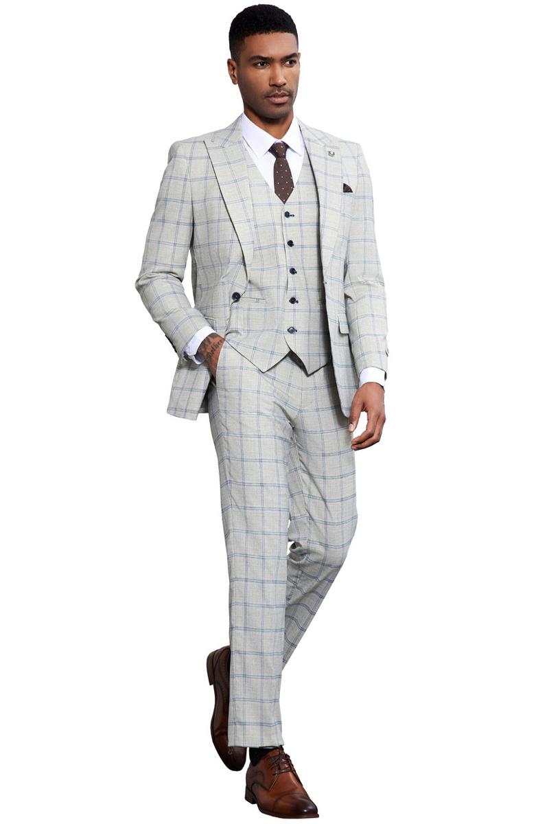 Men's Stacy Adams One Button Peak Lapel Vested Windowpane Plaid Suit in Grey & Blue - 38 Regular