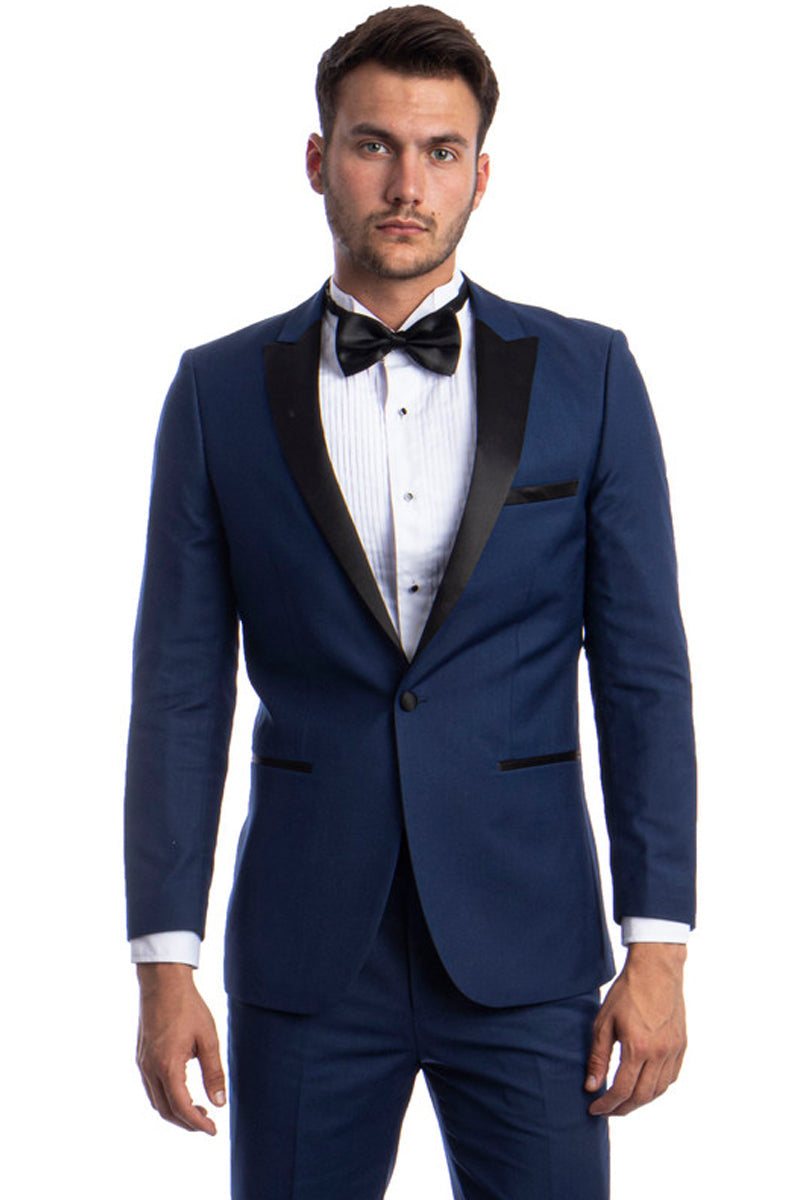 "Cobalt Blue Men's Slim Fit Wedding Tuxedo with One Button Peak Lapel"