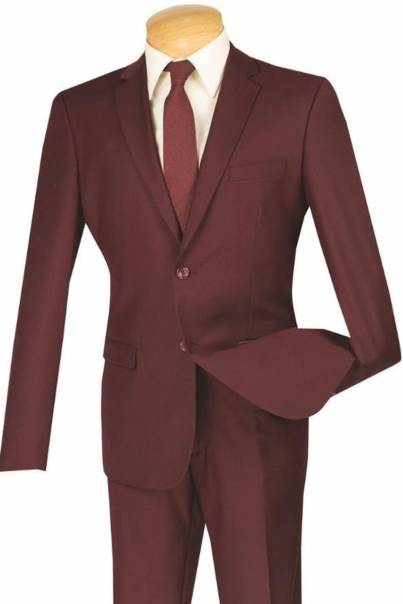 Mens 2 Button Wool Feel Slim Fit Suit in Burgundy - 36 Short