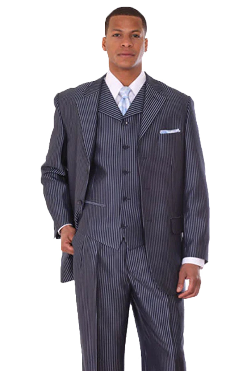 "Sharkskin Navy Blue Men's Suit - 3 Button Vested Pinstripe Style" - 38 Long