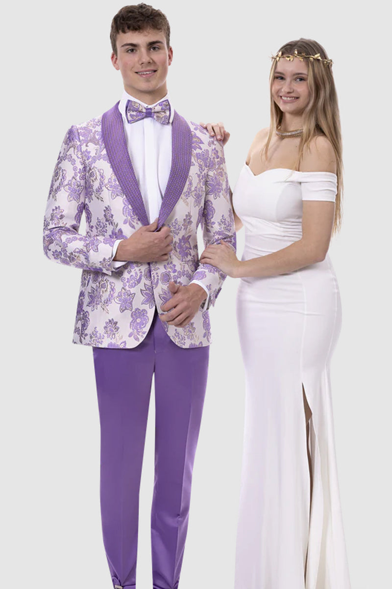 "Lavender Slim Fit Studded Lapel Paisley Tuxedo for Men - Prom Edition"