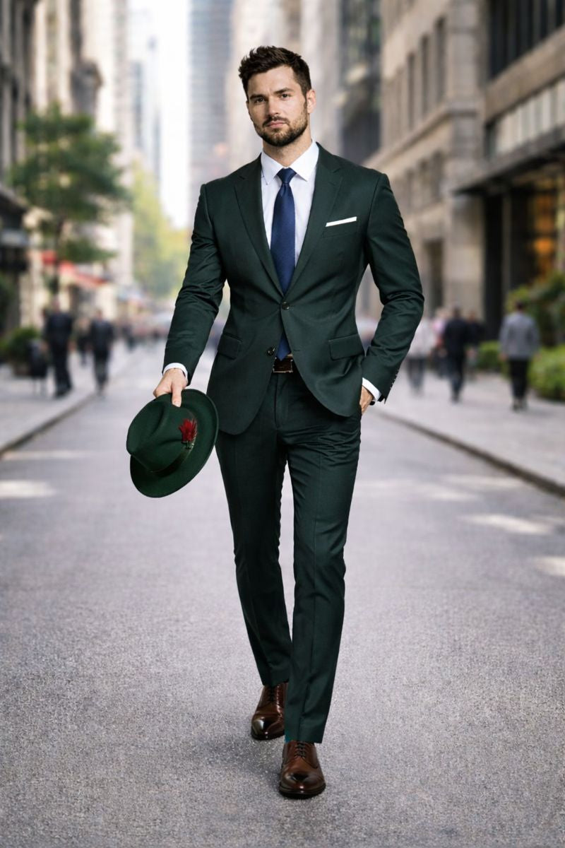 Gangster 100% Austrailian Wool Crushable Mens Fedora Hat - Removable Feather Gangster Hunter Green Mens Fedora Hat-New Designer Collection - S